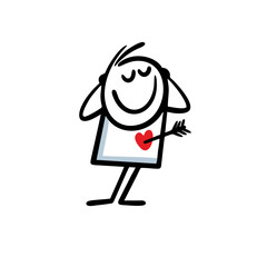 Stick figure man in love with Cupid arrow in his pierced heart has closed eyes and dreaming romantically.