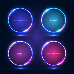 Round neon frames with shining effects on a dark background. A set of four futuristic modern neon glowing banners. Vector illustration.