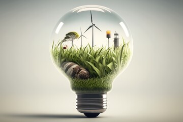 Light bulb with Wind turbine and green Grasses inside, Green and Sustainable energy concept. Generative ai