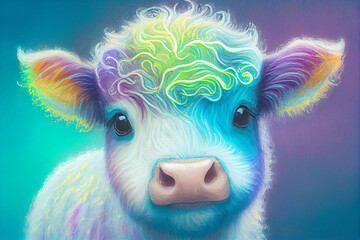 A charming baby cow, generative ai illustration in hand drawing style depicting its distinctive features and endearing personality