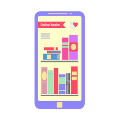 Online books, digital book store, books on mobile screen education concept. Online library with book information, illustration of library with literature in mobile