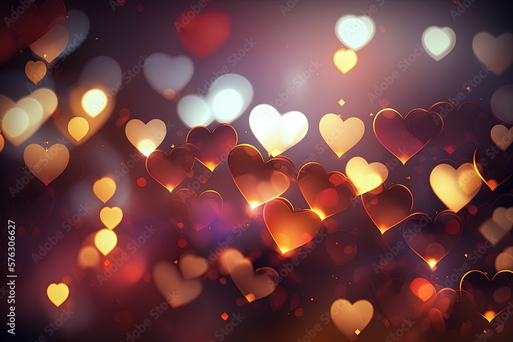 Poster a bokeh effect with red hearts. generative ai