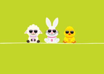 Schaf, Weißer Osterhase & Küken Sonnenbrille Karte Grün