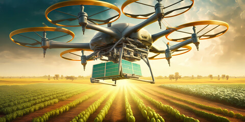 The solar-powered drone of the future does all the work on the farm: fertilizes, collects, cares for, waters, observes and protects the fields with vegetables and fruits. The drone flies in the field.