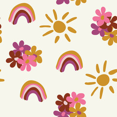 Cute seamless pattern of colors, rainbow and sun. Neutral colors. Vector illustration.