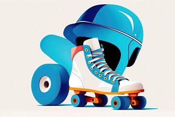 Recreational roller skating, a history of physical fitness, and a passion for sports. Wearing a blue visor cap and white roller skates. It's a flat lay from above. Generative AI