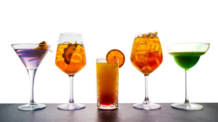 drinks lined up with white background