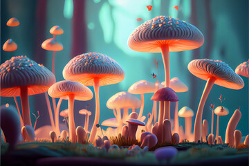 Fantastic mushrooms in forest.s in a fairy forest. The magic world of mushrooms. High quality illustration.
