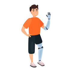 Man with prosthetic leg and hand flat icon. Colored vector element from disabled collection. Creative Man with prosthetic leg and hand icon for web design, templates and infographics.