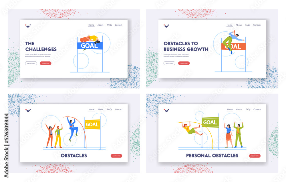 Poster overcome obstacles landing page template set. business characters jumping over the hurdle with pole,