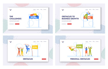 Obraz na płótnie Canvas Overcome Obstacles Landing Page Template Set. Business Characters Jumping over the Hurdle with Pole, Vector Illustration