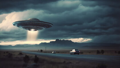 classic UFO hovering over road in the desert, made with generative ai