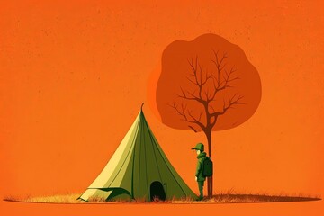 A lone tent against an orange background. Generative AI