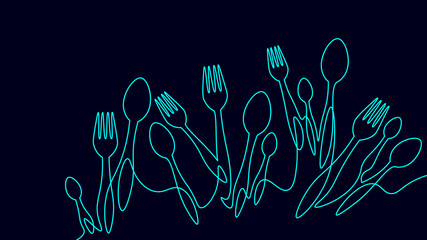 Naklejka premium One line table spoon forks dinner lunch concept. Cafe menu decoration border silhouette continuous line doodle cooking dining supply vector illustration