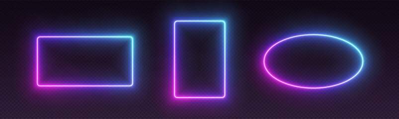 Neon gradient frames, glowing borders set, colorful futuristic UI design elements. Vibrant geometric shapes, modern signs collection. Bright circle, square and rectangle vector decorations. © Likanaris
