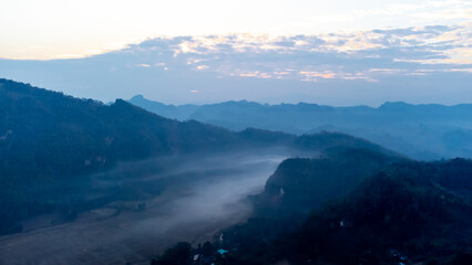 High angle shot of Ban Ja Bo, Pang Mapha District, Mae Hong Son Province, winter in Thailand.