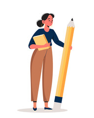 Fototapeta premium Business woman holds big pencil. Confident female writer or content manager stands with pen. Copywriting and blogging concept. Journalists, editors, creators. Vector illustration isolated on white 
