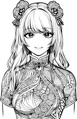 A beautiful girl, featuring decorations and costumes, doodle, coloring book. Vector illustration