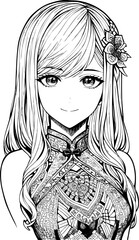 A beautiful girl, featuring decorations and costumes, doodle, coloring book. Vector illustration