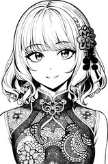 A beautiful girl, featuring decorations and costumes, doodle, coloring book. Vector illustration