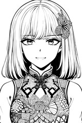 A beautiful girl, featuring decorations and costumes, doodle, coloring book. Vector illustration