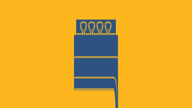 Blue Open matchbox and matches icon isolated on orange background. 4K Video motion graphic animation
