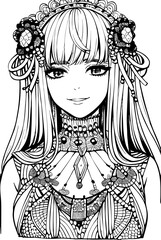 A beautiful girl, featuring decorations and costumes, doodle, coloring book. Vector illustration