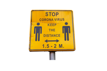 Old Yellow signs inform Social distance due to COVID-19 in famous Chatuchak Market in Thailand. Stores, offices, Isolated on cutout PNG. Economy hit by corona virus.