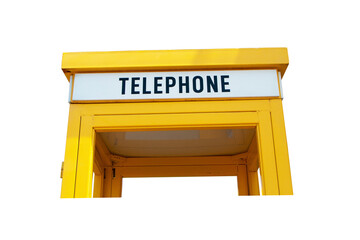 Signs old TELEPHONE Traditional Yellow. Isolated on cutout PNG. Old phone booth yellow popular to...