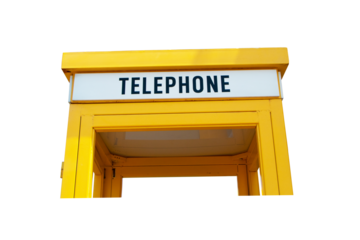 Signs old TELEPHONE Traditional Yellow. Isolated on cutout PNG. Old phone booth yellow popular to decorate restaurants or vintage cafes.