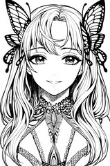 A beautiful girl, featuring decorations and costumes, doodle, coloring book. Vector illustration