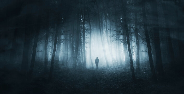 Man Silhouette In Dark Fantasy Forest At Night