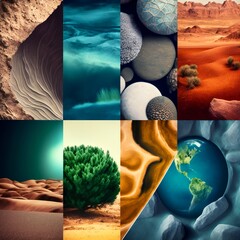 A collage of different natural Earth textures mixed in beautiful abstract background earth globe landscape little mosaic desert venus moon water nature plants bush stone water sky Generative AI