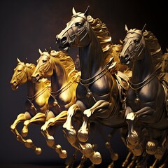 an army on golden horses galloping in sight black background gold  through water bronze dark history Generative AI 
