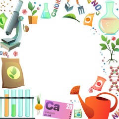 Chemistry and natural fertilizers picture frame around edge of picture. Round proportion. Mineral and organic dressing to increase vegetables and fruit trees. Isolated on white background. Vector.