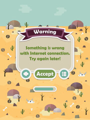 Menu of graphical user interface on screen of 2d mobile game application in flat cartoon style with hot desert or deathly barren / valley theme