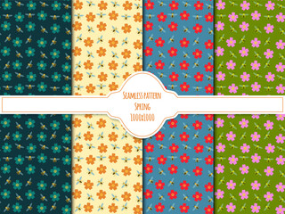A set of seamless backgrounds with flowers and bees, spring. 1000x1000, vector graphics