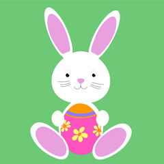 An Easter cute bunny holds an egg. Vector graphics.