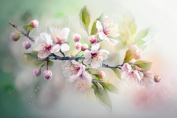 Obraz premium Cherry blossoms bloom in this springtime background. Blurred, see through elements and falling spring sakura blossoms on a sakura branch. Generative AI
