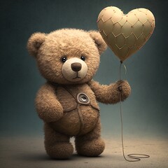 Cute Fuzzy Teddy Bear Holding a Heart Balloon on a String love romantic romance valentine smiley little gift gives it plush childhood Generative AI 