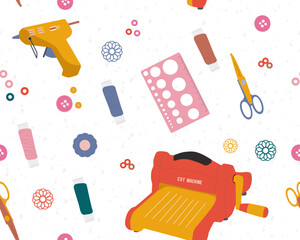 A seamless pattern with tools for handmade sewing and scrapbooking