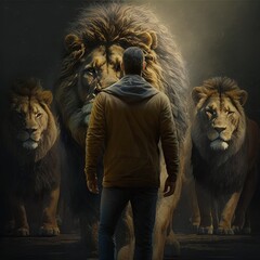 Daniel stands with his back to the lion pack a hiker in a not very favorable situation bible story real against mane male black dark cave backpack with with dangerous predator brave Generative AI  - obrazy, fototapety, plakaty
