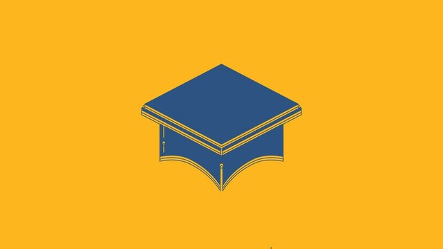 Blue Graduation cap icon isolated on orange background. Graduation hat with tassel icon. 4K Video motion graphic animation