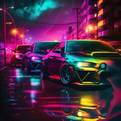 Green yellow red purple sport sedans in neon lights garage. Street racing in neon lights concept. with burning sky and road in town between buildings wallpaper lamp nitro exhaust Generative AI
