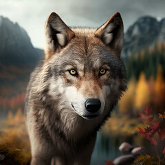 Fototapeta premium Realistic wolf on a nature background, generative AI