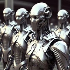 Many modern futuristic male humanoid robots with metal outfit. Neural network iron silver they line up
bright new technology future white background Generative AI