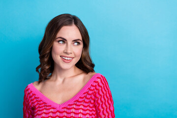 Photo of cute stunning adorable pretty woman wear knitted trendy pink top looking empty space shopping sale isolated on blue color background