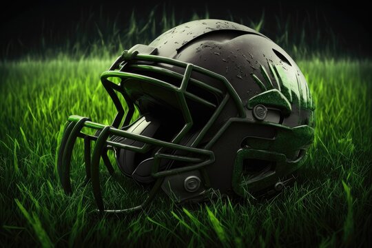 American football helmet on the grass. Generative AI