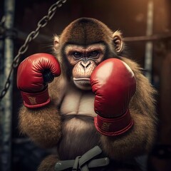 nervous monkey in boxing gloves knock out ring blue red black clenched fist mammal cute angry bumm you see stars funny portrait beat you one match strong muscular you are done Generative AI