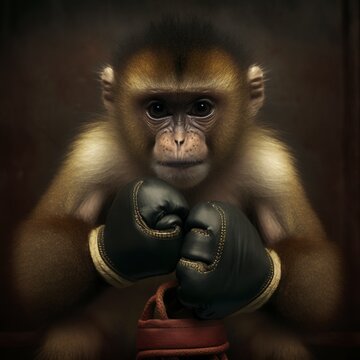 nervous monkey in boxing gloves knock out ring blue red black clenched fist mammal cute angry bumm you see stars funny portrait Generative AI